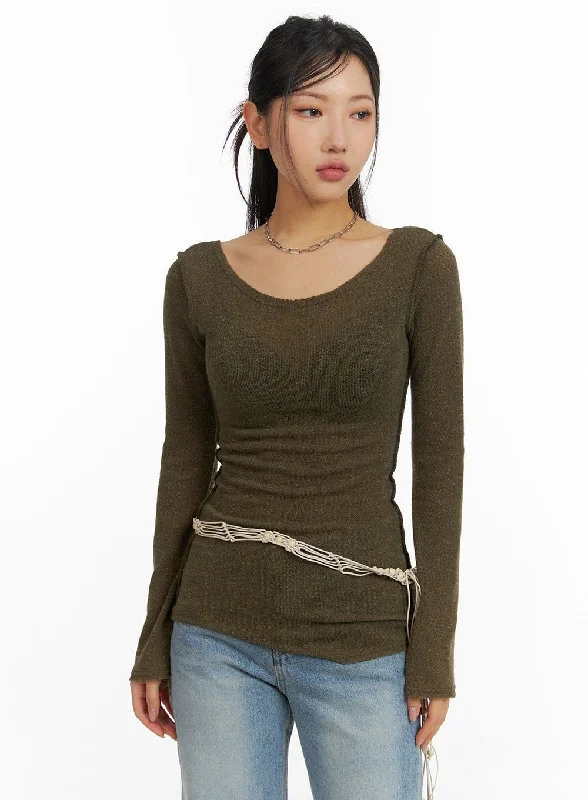 Ruffled Cuff Women Long Sleeve Top with a Feminine TouchU-Neck Stitch Detail Long Sleeve CM411