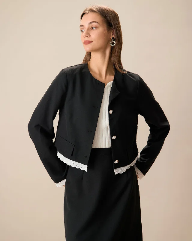 Cropped Women Long Sleeve Top to Pair with High - Waisted BottomsBlack Contrasting Single-Breasted Jacket