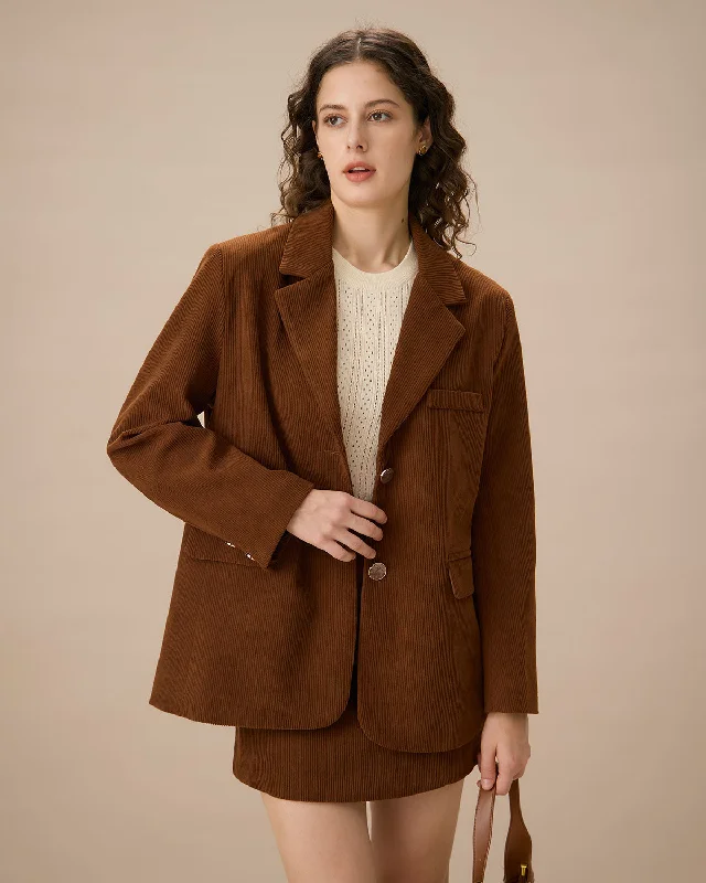 Puffer - Sleeve Women Long Sleeve Top for a Fashion - Forward LookBrown Corduroy Single Breasted Blazer