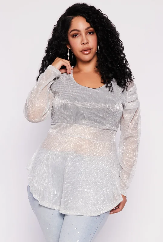 Metallic Accent Women Long Sleeve Top for a Glamorous LookPlus Size Lurex Plisse Peplum Blouse