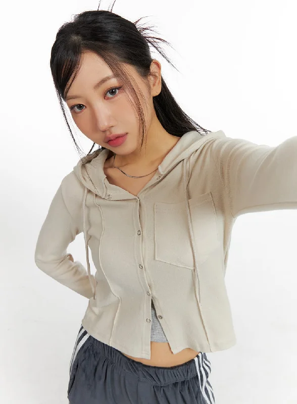 Button - Down Women Long Sleeve Top for a Classic StyleButtoned Hooded Top CF427