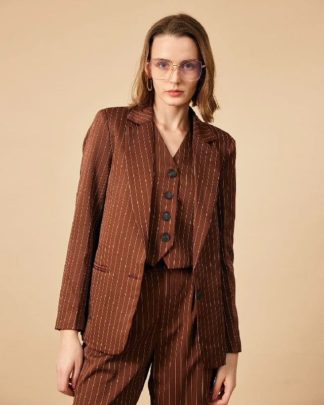 Organic Cotton Women Long Sleeve Top for Eco - Friendly ComfortThe Brown Striped One Button Collared Blazer