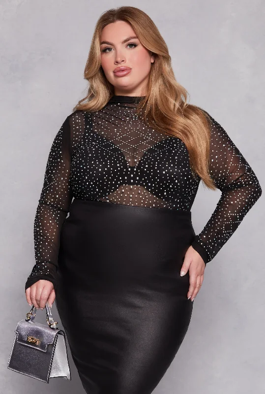 Printed Graphic Women Long Sleeve Top with a Bold StatementPlus Size Mesh Rhinestone Studded Long Sleeve Top