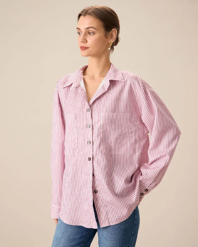 Wrap - Style Women Long Sleeve Top for a Versatile FitPink Striped Pocket Shirt