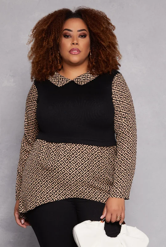 Printed Graphic Women Long Sleeve Top with a Bold StatementPlus Size Greek Key Sweater Vest Blouse