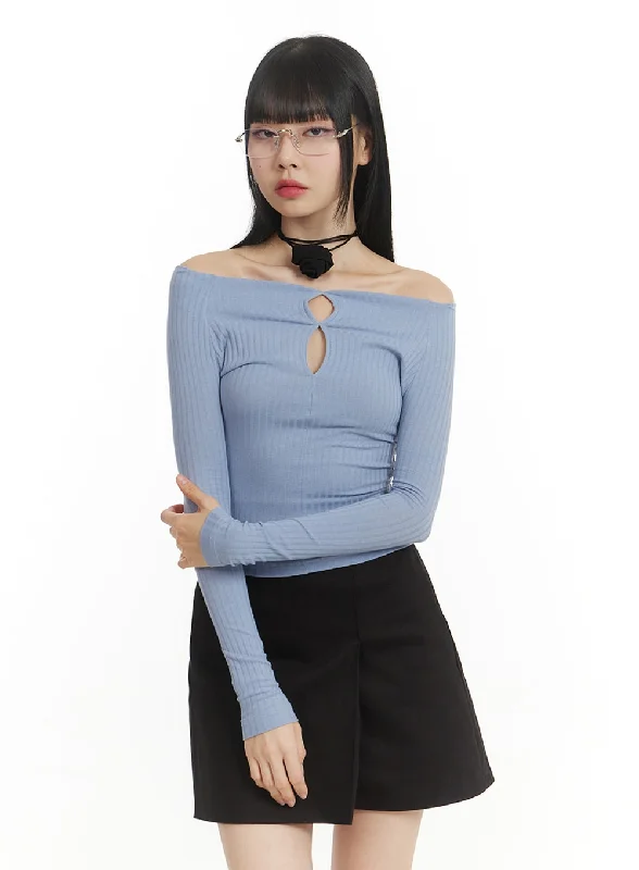 Cable - Knit Women Long Sleeve Top with a Cozy TextureChic Cut Detail Off Shoulder Long Sleeve IM406