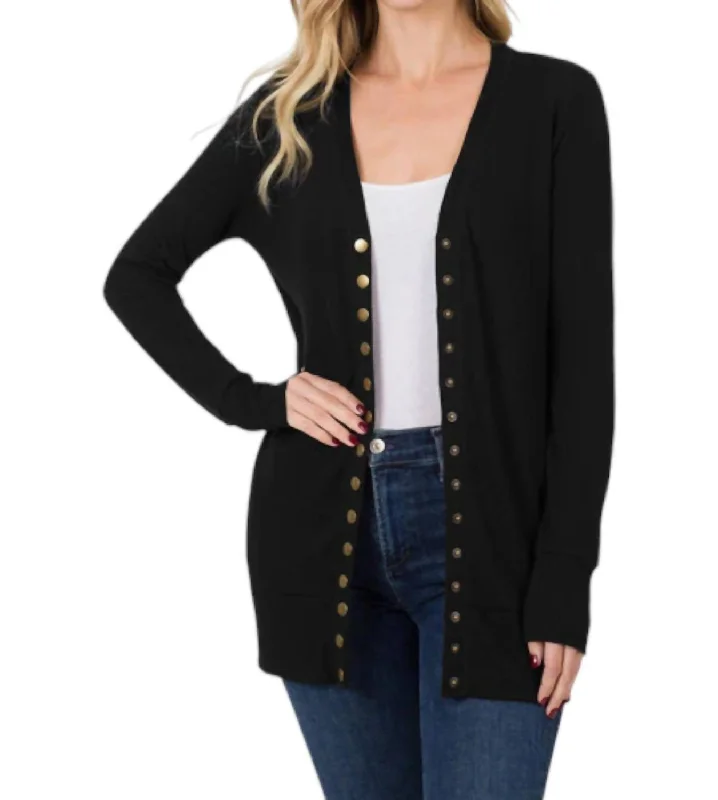 hand knitted women cardigan with artisanal charmFlora Snap Button Cardigan In Black