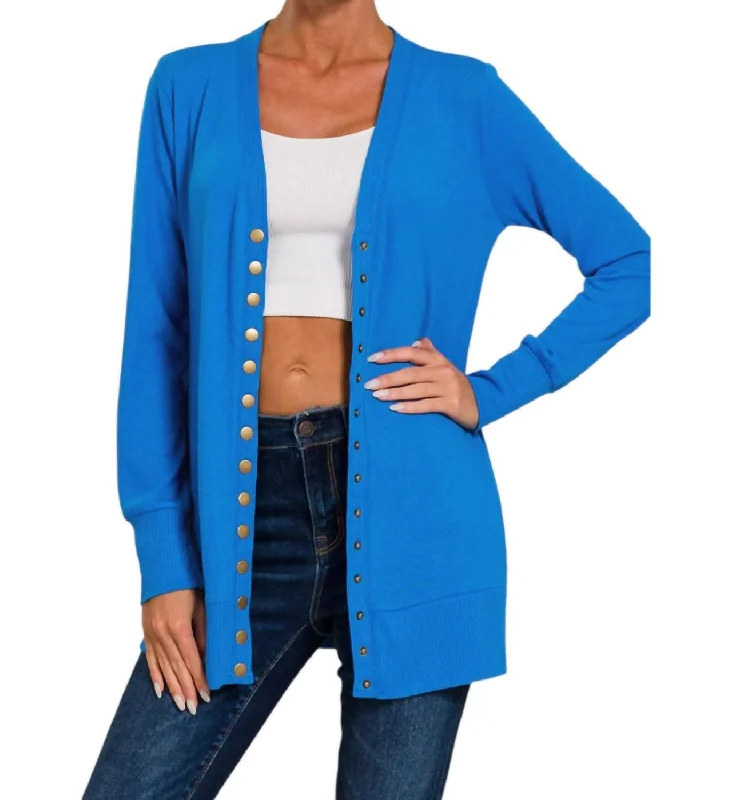 boyfriend style women cardigan for a relaxed fitFlora Snap Button Cardigan In Ocean Blue