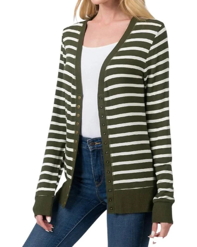 long length women cardigan with side slitsNellie Striped Snap Button Cardigan In Olive/ivory