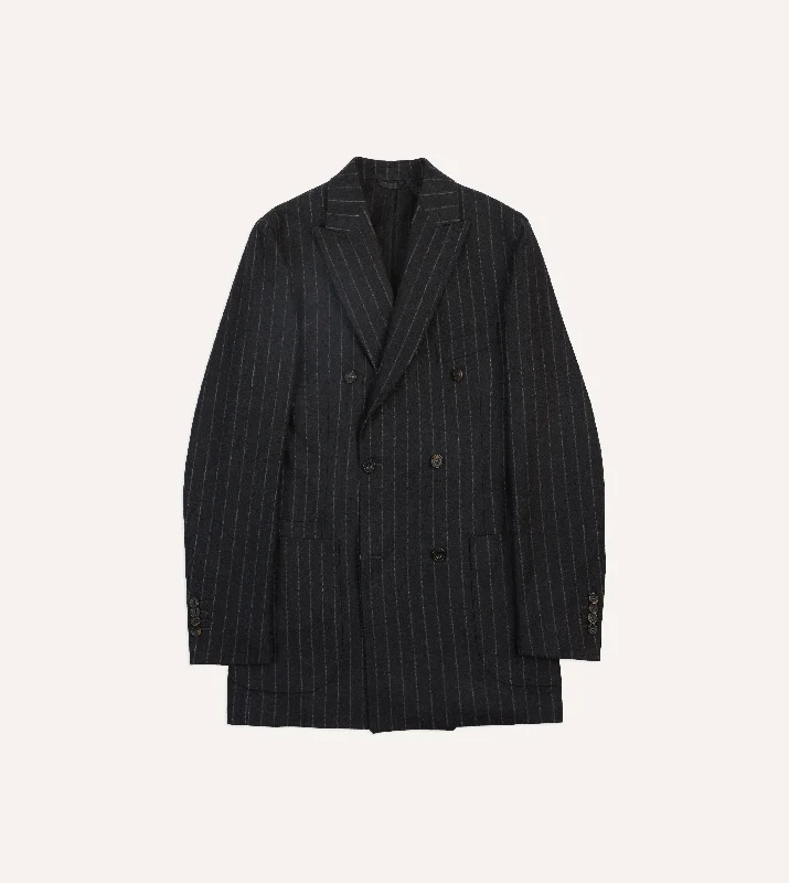 Plus Size Women's Military - Inspired Blazers with Gold Accents for a Bold LookGrey Chalkstripe Wool Double-Breasted Tailored Jacket