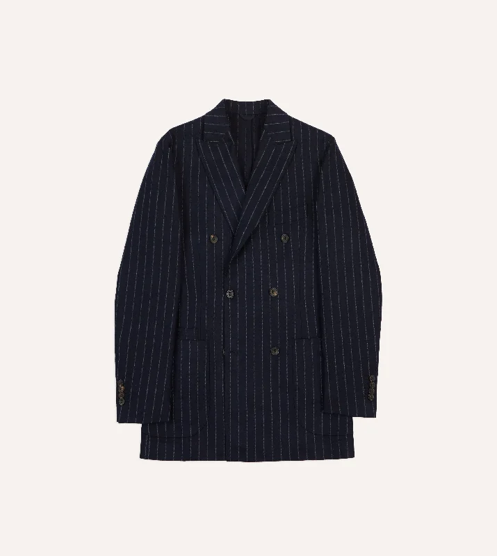 Plus Size Women's Faux Fur - Trimmed Blazers in Black for a Luxurious LookNavy Chalkstripe Wool Double-Breasted Tailored Jacket