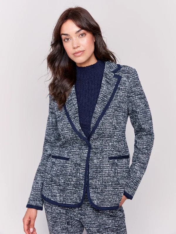 Oversized Women's Checkered Blazers in Black and White for a Trendy StylePlaid Knit Blazer with Hood - Navy